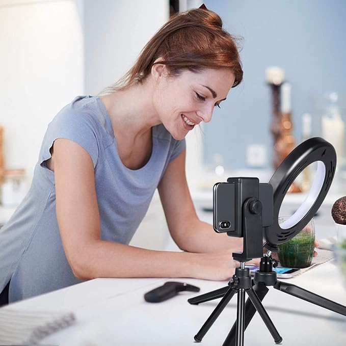 MACTREM 2 in 1 LED 6"" Ring Light with Tripod Stand & Clamp for YouTube Video and Makeup, Mini LED Camera Light with Cell Phone Holder Desktop LED Lamp with 3 Light Modes & 11 Brightness Level, Black