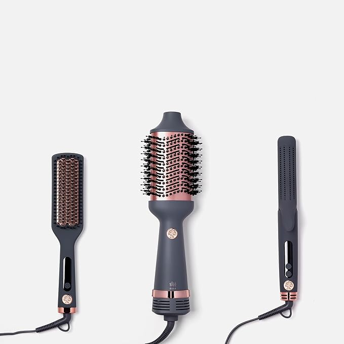 Hairitage Volumizing One Step Blow Dry Brush + Hair Dryer for Curling + Straightening - Ceramic Tourmaline Blowout Brush + Volumizer - Hair Styler for Smooth Shiny, Frizz-Free Styles - Matte Grey