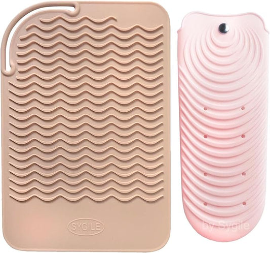 2in1 11" X 7.5" Large Heat Resistant Silicone Mat, Anti-Heat Travel Pad and Pouch for Hair Straighteners, Curling Irons, Flat Irons and Hair Styling Tools Holder - Blush Pink
