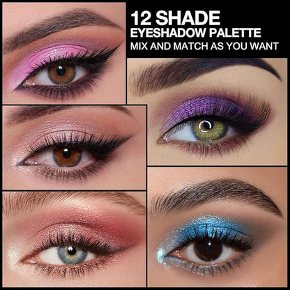 Twelve Eyeshadow Palette, Nude Brown Black Sky Blue Rose Pink Champagne Eyeshadow Palette Makeup,Highly Pigmented Pressed Powder Eyeshadow for Woman girls Eyes Long Lasting Naturing-Looking 02