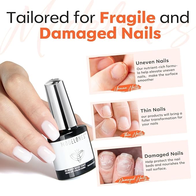 modelones Milky White Rubber Gel Base Coat, 6 in One Builder for Strengthen Apex Building Extension Long Lasting Protect Color Based Gel Polish Manicure for Fragile Nails Art Home Salon