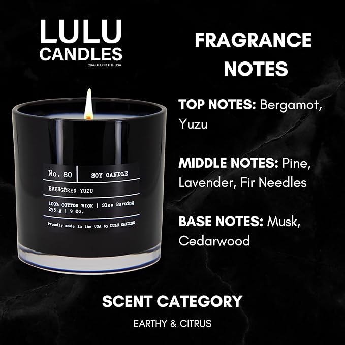 Lulu Candles | Evergreen Yuzu | Luxury Scented Soy Jar Candle | Hand Poured in The USA | Highly Scented & Long Lasting (9 Oz.)