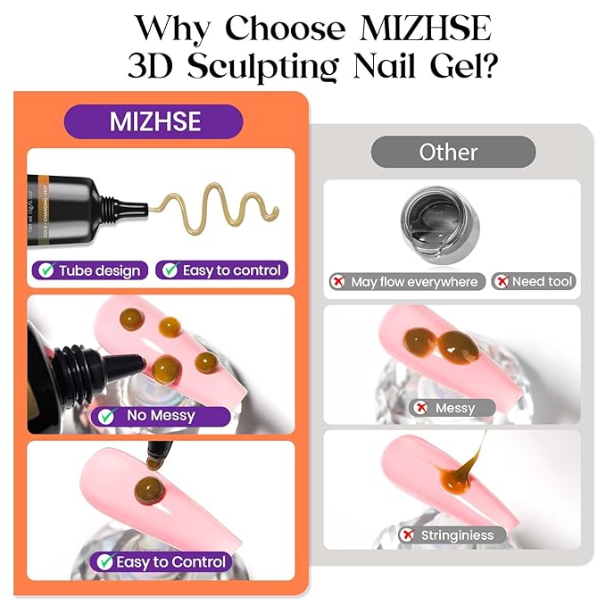 MIZHSE 3D Nail Gel - Nail Art Sculpting Gel 15g Color Changing Purple Orange 3D No Wipe Nail Design Molding for Nails Supply U V LED Home DIY