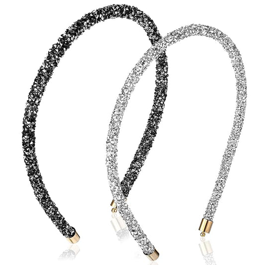 2Pcs Diamond Headband, Sparkly Rhinestone Headband for Women Girls Glitter Crystal Headbands Bling Hair Styling Accessories for Wedding Birthday Party (Black and White)