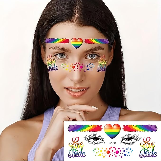 10 Sheets Pride Day Face Fake Tattoos Rainbow Temporary Tattoos Adult Rainbow Hearts Butterfly Ribbons Crown Colorful Love Tattoo Kit Gay LGBTQ Pride Day Parade Party Eye Makeup Face Decor Supplies