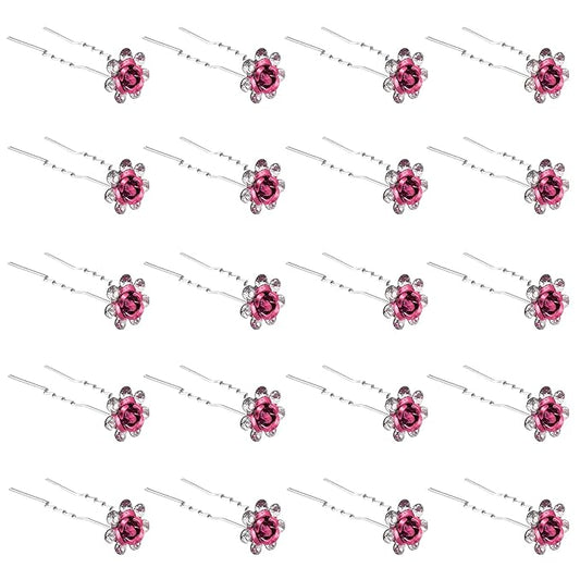 20 Pack (Pink) Crystal Hair Pins Rose Flower Rhinestone Hair Clips for Bridal Wedding Women Hair Jewelry Accessories, with Clear Container