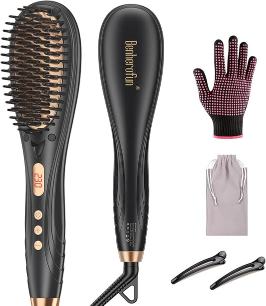 Hair Straightener Brush, Hair Straightener Comb Straightening Brush for Women with 16 Temps, 20s Fast Heating & Anti-Scald