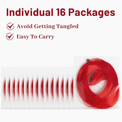 16 Pcs Colored Hair Extensions Curly Wavy Clip in Synthetic Hairpiece Streak for Girls Women Kids,Multi-colors Party Highlights Cosplay Festival Gift(Red)