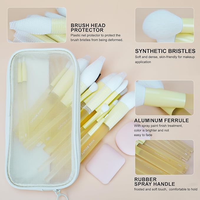 18pcs Colorful Makeup Brush Set with Make up Bag and Sponge Applicators for Liquid Foundation - Professional Cosmetics Tools Blush Blending Blender Brushes Gift Pack (Yellow)