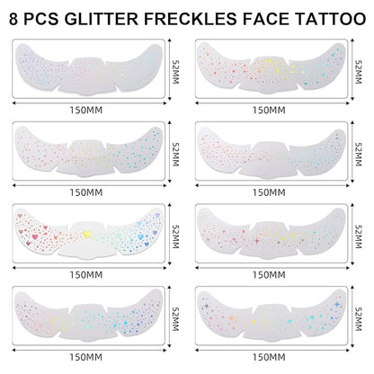 8PCS Glitter Freckles, Glitter Freckles Face Tattoo, Sparkle Freckles for Women and Kids, Cute Star Waterproof Gold Temporary Face Tattoos Glitter Glow Up Patches (8PCSA Holographic Multicolor)