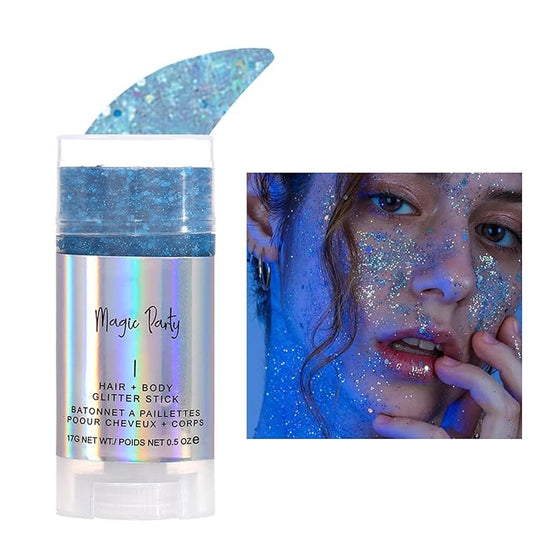 Holographic Flash Stick, Cosmetics-Body, Face, Eyes, Hair, Nail Makeup, Colorful Stage Makeup, Party Carnival Shining Glitter, Festival Loose Glitter Set (02# Blue)