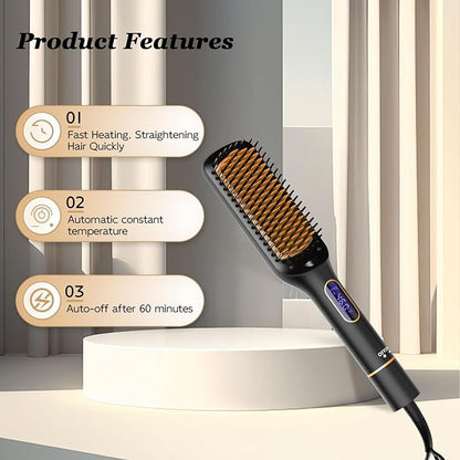 Nicebay Straightener Brush, Rotatable Temperature Adjustment Hair Straightening Brush, Auto-Off & Led Display Hair Straightener Comb for Women