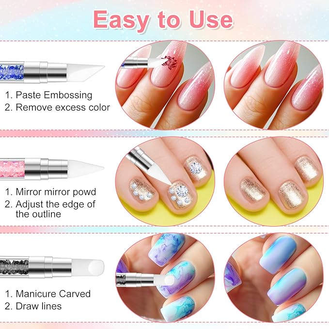 3 Pcs Nail Art Sculpture Pen, Dual Tipped Silicone Nail Tools, Silicone Head Acrylic Handle Nail Art Brushes for Design Nail Foil Carving Drawing Effect Shaping Drawing (Black, Pink, Royal Blue)