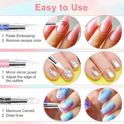 3 Pcs Nail Art Sculpture Pen, Dual Tipped Silicone Nail Tools, Silicone Head Acrylic Handle Nail Art Brushes for Design Nail Foil Carving Drawing Effect Shaping Drawing (Black, Pink, Royal Blue)