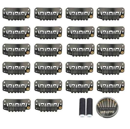 30pcs Hair Extension Clips U-Shape Stainless Steel Snap Clips for Wigs and Hair Extensions and Hairpieces, 30 Assorted Sewing Needles and 2 Rolls Thread (Black)