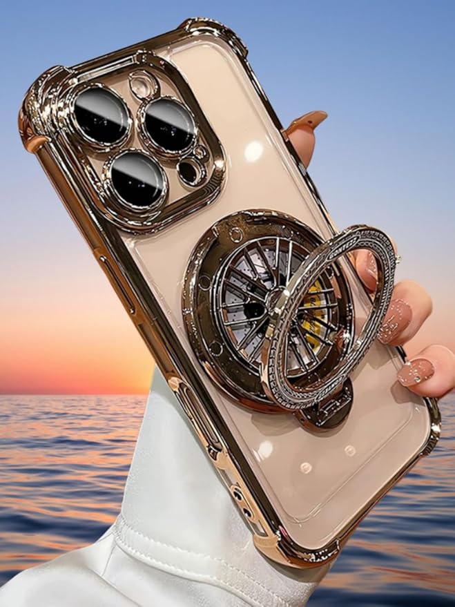 for iPhone 16 Pro Case with Ring Stand [Compatible with MagSafe],Anti-Yellowing [Military-Grade Shockproof Corner] Clear Full Camera Protection Pressure Release Funny Phone Case for iPhone 16 Pro Gold