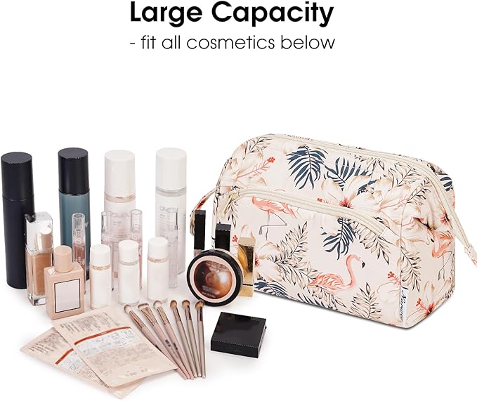 Narwey Women Makeup Bag Wide-open Make up Bag Travel Cosmetic Organizer Toiletry Bag for Cosmetics Toiletries Accessories (Beige Flamingo)