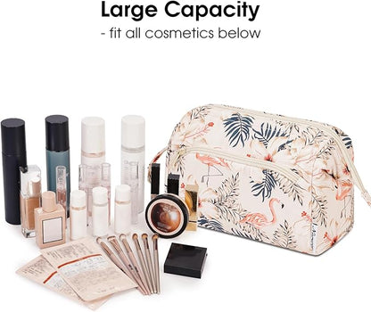 Narwey Women Makeup Bag Wide-open Make up Bag Travel Cosmetic Organizer Toiletry Bag for Cosmetics Toiletries Accessories (Beige Flamingo)