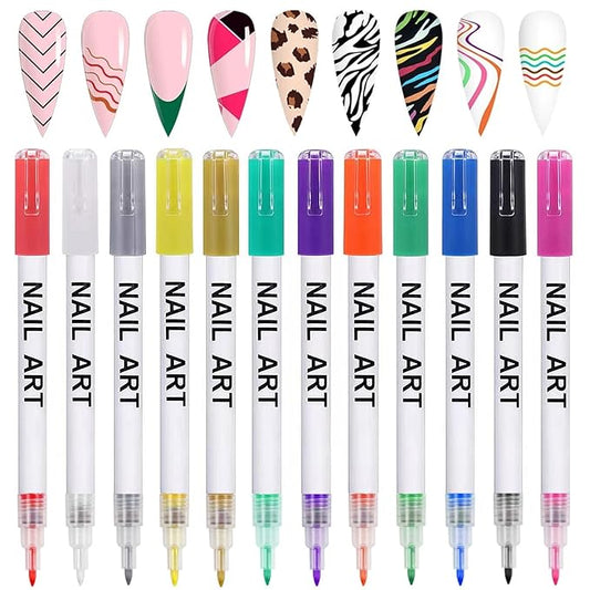 12 Colors Nail Art Pens, 3D Quick Dry Nail Point Graffiti Dotting Liner Pen Sets Nail Art Painted Pen Drawing Nail Design Kit for Nail DIY Decoration