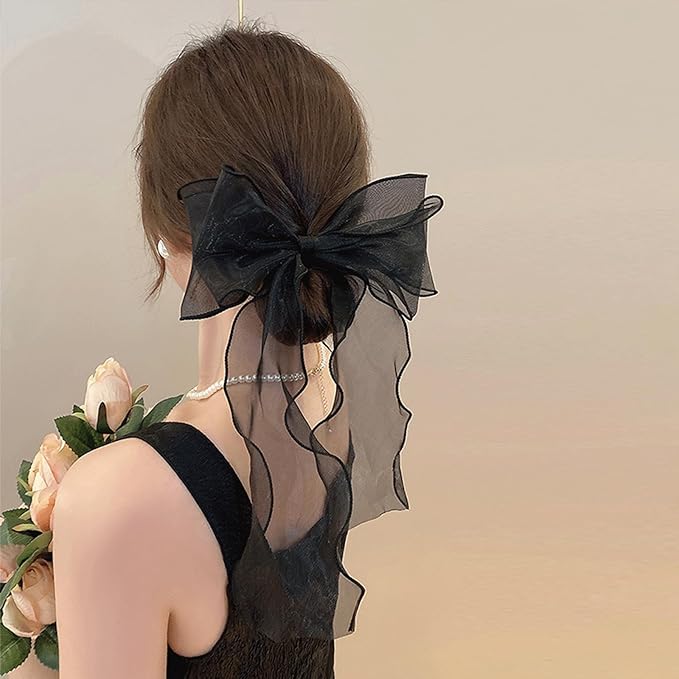 2PCS Large Blue Hair Bows, Chiffon Hair Ribbon Clips, Vintage Ribbon Bows Hair Clips, Oversized Hair Bow Barrettes for Women, Cute Long Tail Hair Bows Hair Styling Accessories