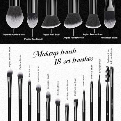 18pcs Makeup Brush Set with Case Dense Synthetic Fiber Premium Metal Ferrule Wood Handle Brushes Includes Powder Foundation Blush Eyeshadow Kit Professional Make up Tools for Women(Black)