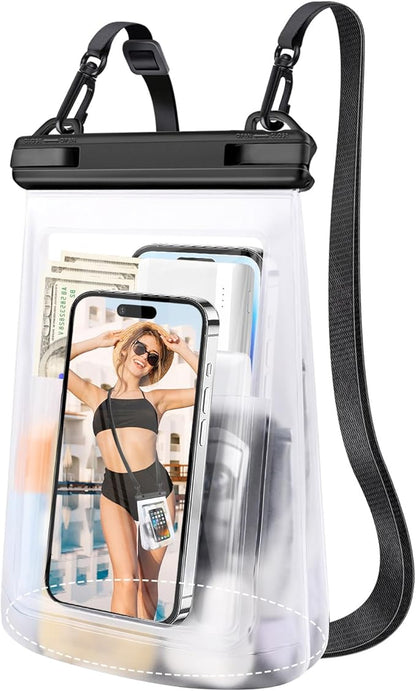 2L Floating Waterproof Phone Pouch for Up to 3 Phones [Up to 7.5"], Large Space Adjustable Neck Lanyard Waterproof Bag. Dry Bag for Family Vacations, Beach, Pools, Kayaking, Cruises - White