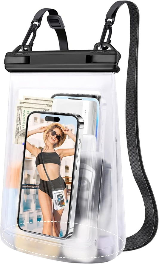 2L Floating Waterproof Phone Pouch for Up to 3 Phones [Up to 7.5"], Large Space Adjustable Neck Lanyard Waterproof Bag. Dry Bag for Family Vacations, Beach, Pools, Kayaking, Cruises - White