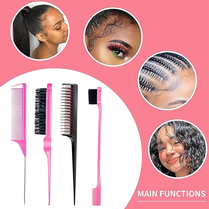 8 Pieces Styling Comb Set - Teasing Brush, Rat Tail Comb, Edge Brush for Slicking and Combing Hair for Women (Pink)