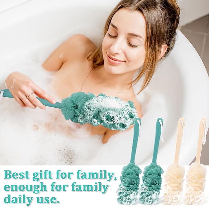 4Pack Back Scrubber for Shower Loofah with Long Handle, Shower Brush for Body, 17″ Loofah on a Stick for Men Women Bathing Accessories, Scrubber Sponge for Exfoliating Bath Brushes (Beige & Green)