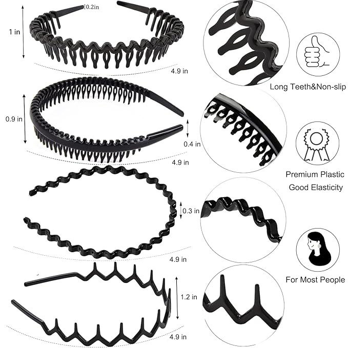 8 PCS Fashion No Slip Effortless Plastic Headbands with Teeth Comb Black Skinny Headbands Hair Accessories Bands for Women Men Teen Girls, Classic Black Bright