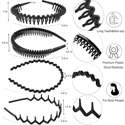 8 PCS Fashion No Slip Effortless Plastic Headbands with Teeth Comb Black Skinny Headbands Hair Accessories Bands for Women Men Teen Girls, Classic Black Bright