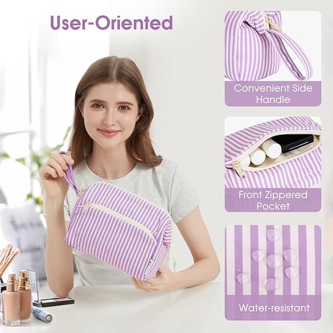 Narwey Striped Makeup Bag Women Wide-open Make up Bag Travel Cosmetic Bag Organizer Toiletry Bag for Cosmetics Toiletries Accessories (Purple Stripe)