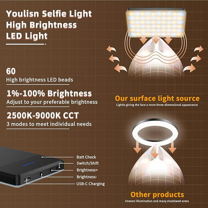 Selfie Light for Phone, 60 LED Phone Light with Rechargeable Clip and Adjusted 3 Light Modes, 2000mAh Video Light for iPhone iPad, Laptop, Makeup, TikTok, Selfie, Vlog, Video Conference