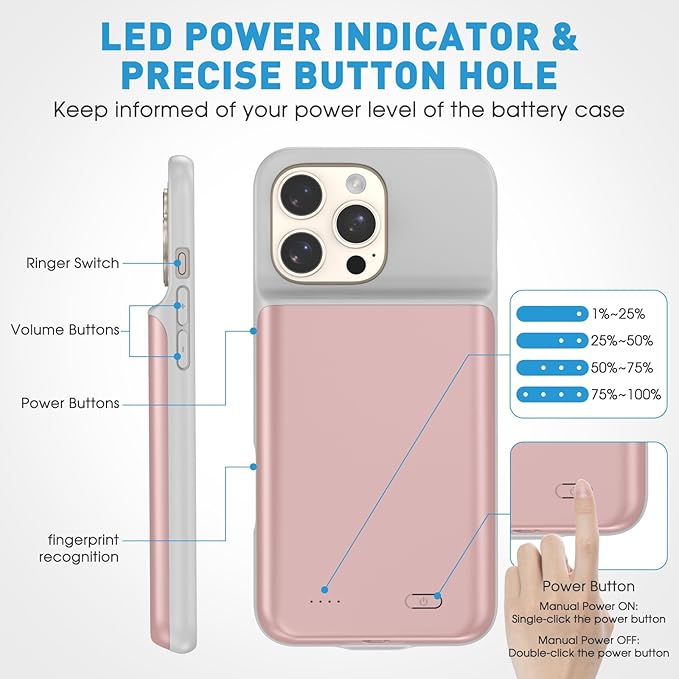 2025 New Upgraded 7000 mAh Travel Battery Case for iPhone 16Pro 6.3inch, Extra Battery Life 15W Fast Charging External Rechargeable Portable Charging Case with HD Tempered Protective Film,Pink