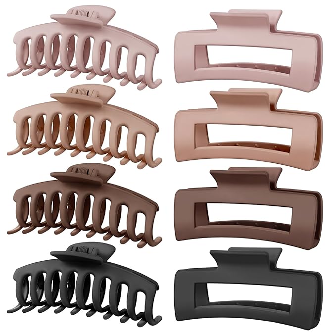 TOCESS Big Hair Claw Clips for Women - Neutral Large Claw Clip for Thin Thick Curly Hair 90's Strong Hold 4.33 Inch Nonslip Matte Jumbo Hair Clips (8 Pcs)