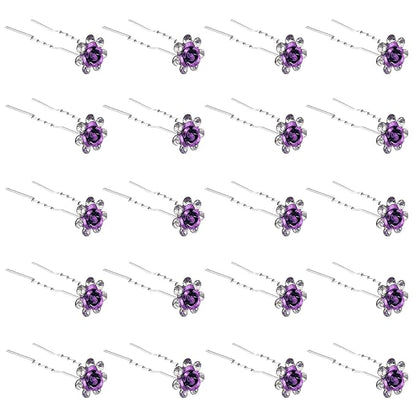 20 Pack (Violet) Crystal Hair Pins Rose Flower Rhinestone Hair Clips for Bridal Wedding Women Hair Jewelry Accessories, with Clear Container