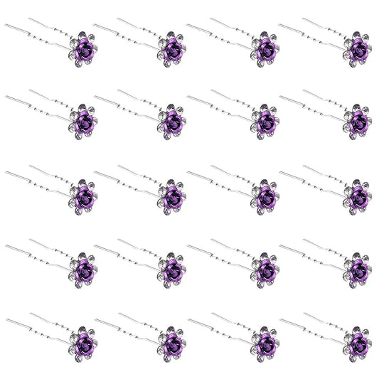 20 Pack (Violet) Crystal Hair Pins Rose Flower Rhinestone Hair Clips for Bridal Wedding Women Hair Jewelry Accessories, with Clear Container