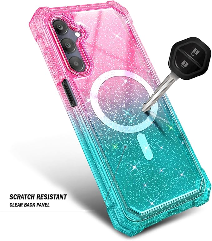 Designed for Samsung Galaxy A36-5G Phone Case, Magnetic Compatible with MagSafe, [Raised Corners Drop Protection] Shockproof Protective Bumper Cover (Glitter Pink/Aqua)