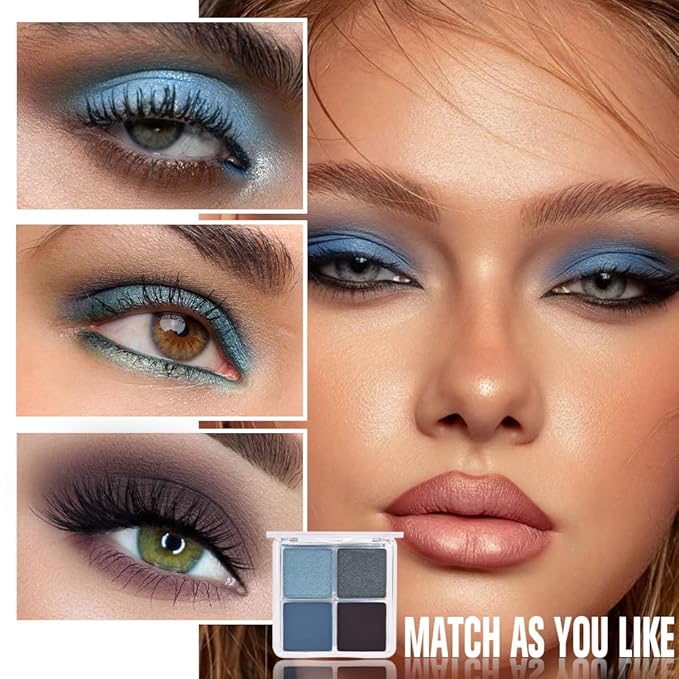 4 Colors Icy Blue Steel Blue Midnight Blue Jet Black Eye Shadow Palette Makeup, Highly Pigmented Waterproof Matte Shimmer Eyeshadow Palette for Women, paleta de sombras de ojos, Vegan & Cruelty-free13