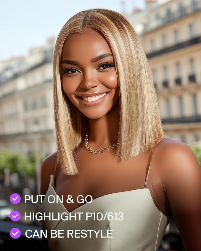 P10/613 Lace Front Wig Human Hair Glueless Blonde Bob Wig Human Hair Pre Plucked Pre Cut 6x5HD Lace Closure Short Bob Wig for Women 10 Inch