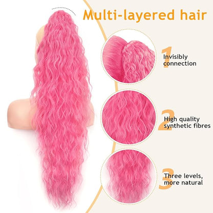 ORSUNCER Ponytail Extension Claw 30" Curly Pony Tail Clip in Claw Hair Extensions Fluffy Natural Looking Synthetic Hairpiece for Women Pink