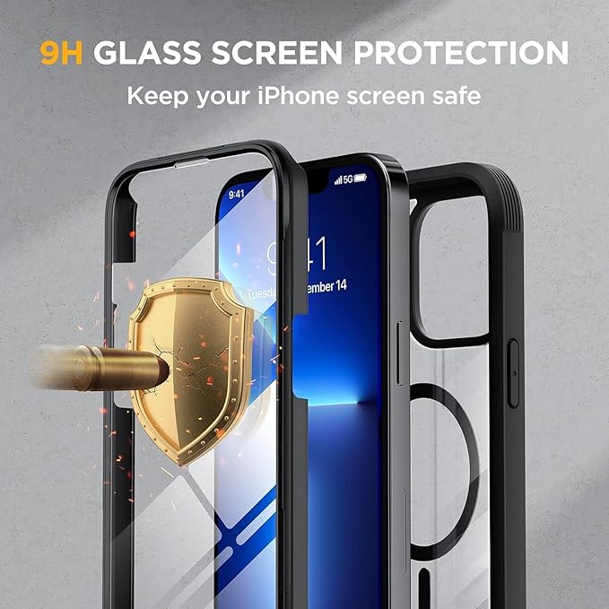 Miracase Magnetic Glass for iPhone 13 Pro Case,Compatible with MagSafe,Full-Body Bumper Phone case with Shockproof Military-Grade,Built-in 9H Tempered Glass Screen Protector for iPhone 13 Pro,Black