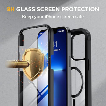 Miracase Magnetic Glass for iPhone 13 Pro Case,Compatible with MagSafe,Full-Body Bumper Phone case with Shockproof Military-Grade,Built-in 9H Tempered Glass Screen Protector for iPhone 13 Pro,Black