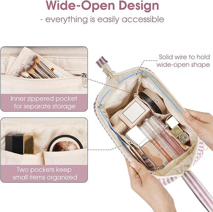 Narwey Striped Makeup Bag Women Wide-open Make up Bag Travel Cosmetic Bag Organizer Toiletry Bag for Cosmetics Toiletries Accessories (Dusty Rose Stripe)