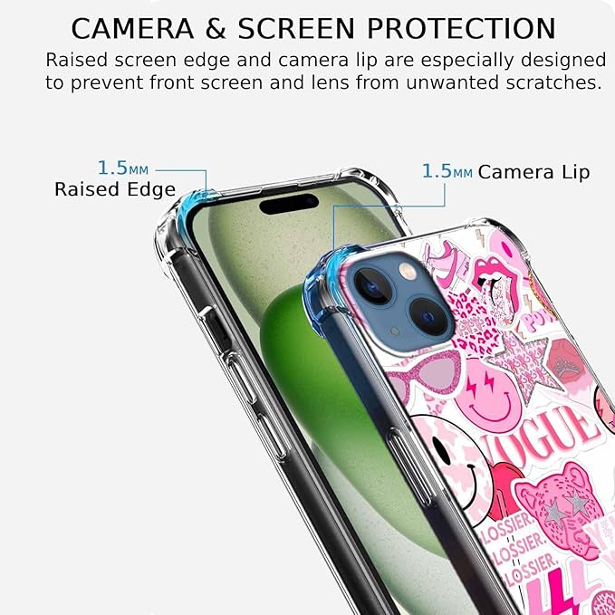 Case for iPhone 15 Plus with Pink Design,Aesthetic Hippie Indie Popular Elements Pattern,Shockproof Soft TPU Bumper Phone Cover(15plus,Pink)