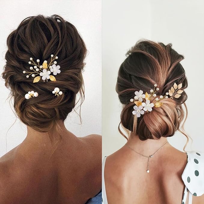 6PCS Gold Leaf Wedding Hair Pins Pearl Hair Jewelry Accessories Flower Headpiece Crystal Vintage Elegance Wedding Hair Styling Pins for Women Brides Bridesmaids and Flower Girls