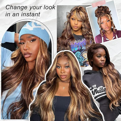 Ombre Lace Front Wig Human Hair 220% Density 4/27 Highlight Wig Human Hair Pre Everything 7x5 Highlight Body Wave Wigs Balayage Glueless Wig Blonde Highlight Wig For Women Brown And Blonde Wigs 22 In