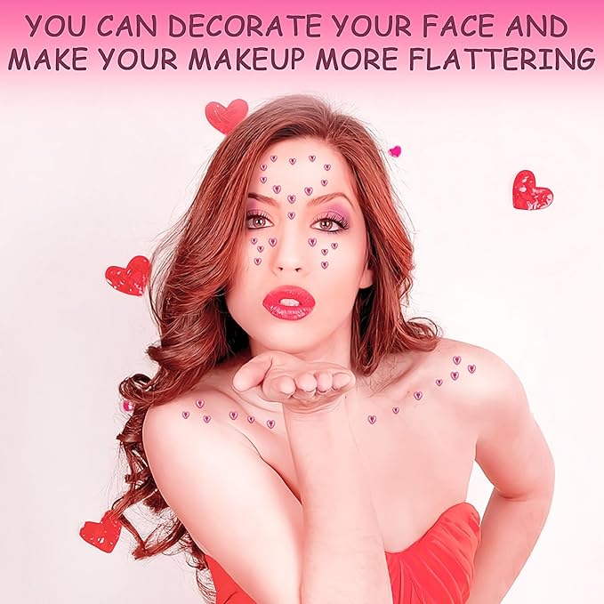 264Pcs Heart Face Gems Love Gems, Self-Adhesive Face Jewels Rhinestones 5/7/10 mm DIY Face Gems Stick on, Valentine Makeup Gems Rave Accessories for Face Eyes Hair Makeup Body, Crafts (Pink)
