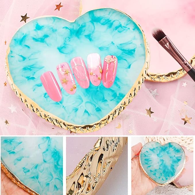 2 Pcs Resin Nail Art Palette, Nail Art Painting Mixed Color Palettes Gold Edge Nail Holder Nail Art Display Board (Pink, Blue)