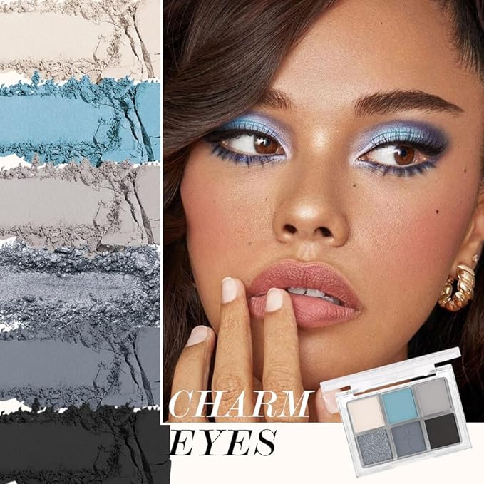 6 Colors Glitter Matte Eyeshadow Palette, Light White Sky Blue Gray Silver Black Sparkly Eyeshadow Palette Makeup, Warm Eye Shadows Palette Long Lasting Naturing-Looking Women Girls Eye Shadow 03